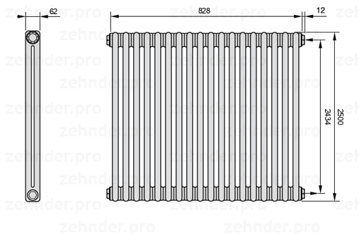 Схема (чертеж) Радиатор Zehnder Charleston 2250/18 №7610 Белый глянцевый RAL 9016